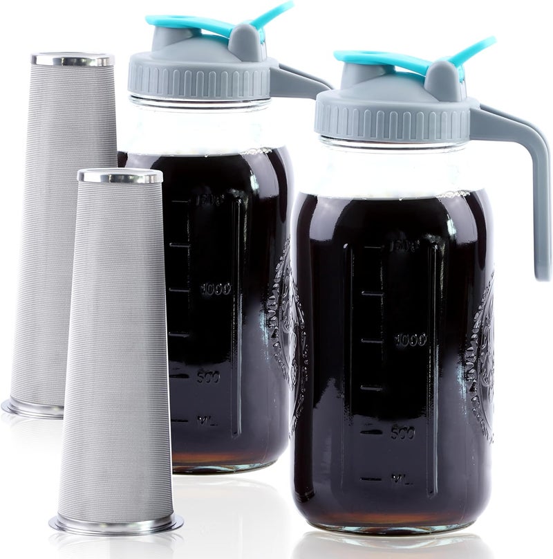 GMSWEET Cold Brew Coffee Maker 64 Oz Wide Mouth Mason Jar Iced Coffee Maker 2 Set Half Gallon Glass Pitcher With Strainer 2 Quart Cold Brew Pitcher With Spout Lids For Fridge, Lemonade, Cold Brew, Milk - Image 1